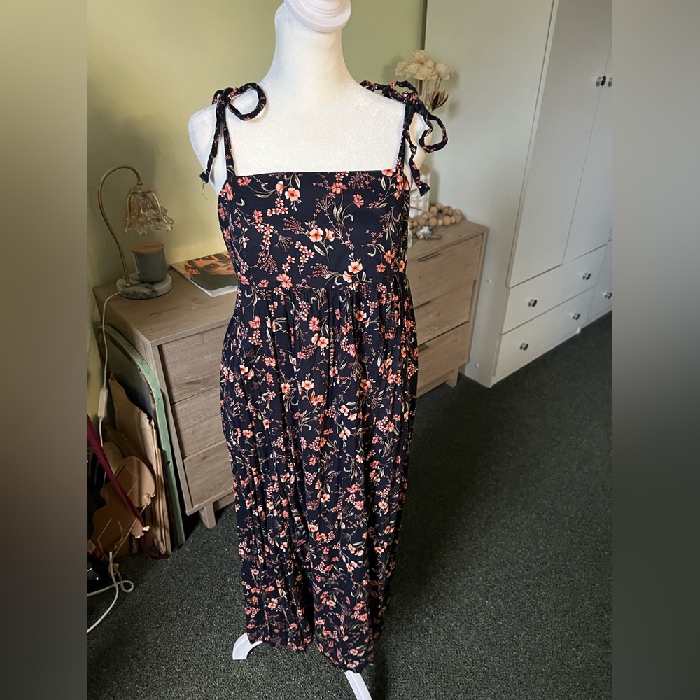 Navy Floral Print Midi Swing Tie Shoulder Square Neck Casual Flowy Summer Dress - Picture 7 of 16